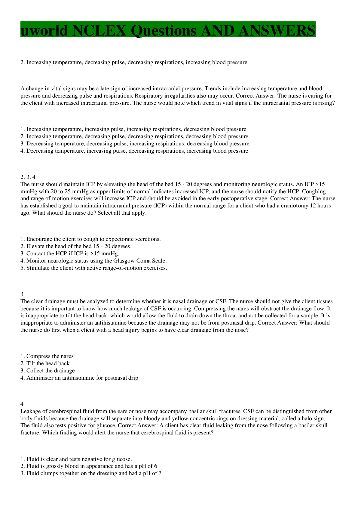 Preview image of uworld NCLEX Questions AND ANSWERS document